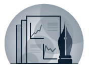 Icono de un informe con gráficas y tablas y una estilográfica
